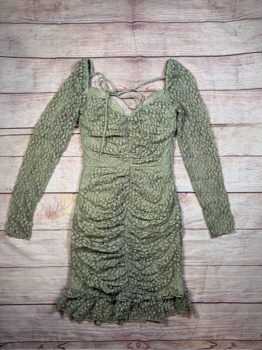 NWT‎ Selfie Leslie Olive Green Ruched Square Neck Lace Sheer Sleeve Mini Dress - Picture 9 of 13